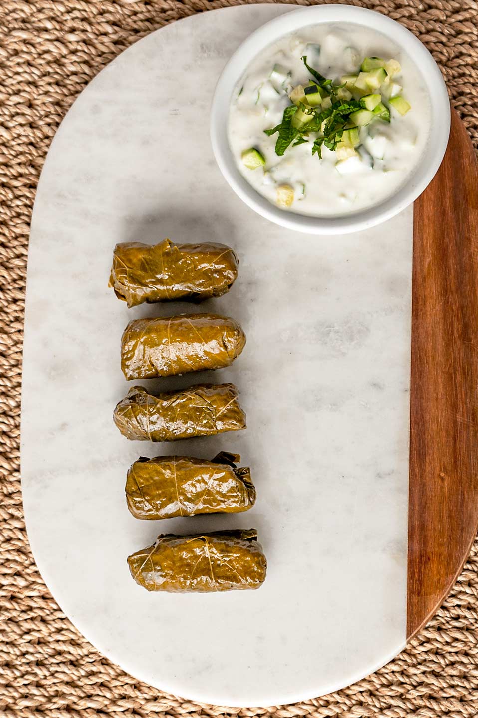 Fresh grape leaves and tzatziki